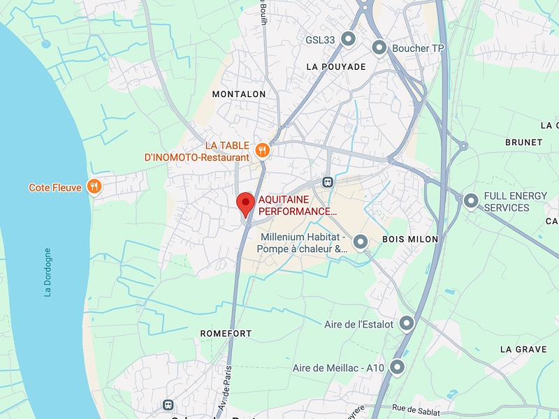 Localisation Aquitaine Performance Carte France Carte Google centrée sur Aquitaine Performance près de Montalon, avec La Dordogne à l'ouest, et les lieux La Table d'Inomoto et Romefort.