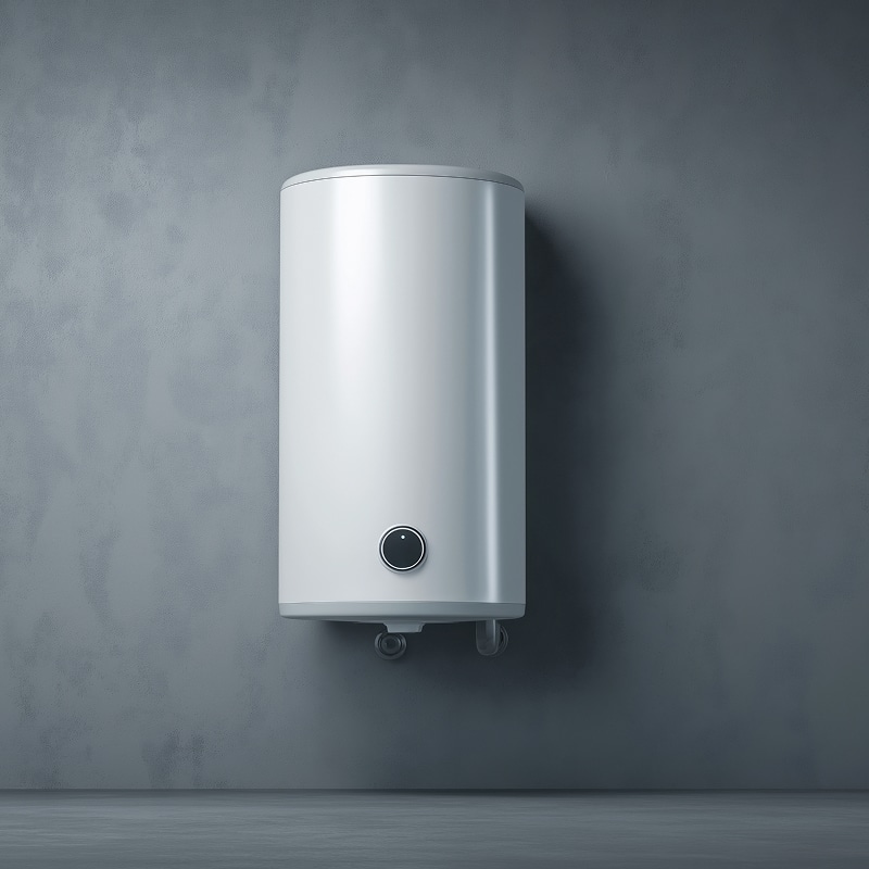 Chauffe-eau Électrique Mural Blanc Design Installation Chauffe-eau électrique mural blanc vertical, modèle moderne, avec un bouton de réglage noir central, fixé sur un mur gris texturé au-dessus d'un sol uni.