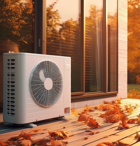 Pompe à chaleur automne : unité extérieure sur terrasse Unité extérieure de pompe à chaleur blanche posée sur une terrasse en bois avec des feuilles d'automne orangées.