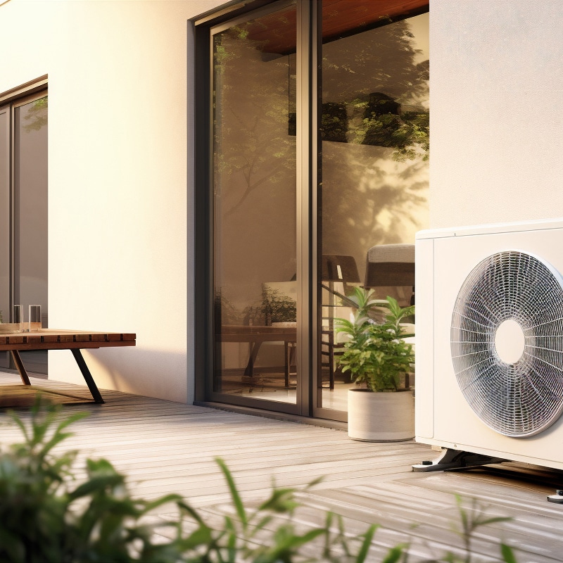 Pompe à Chaleur Extérieure : Terrasse Moderne Unité extérieure de pompe à chaleur moderne installée sur une terrasse en bois près d'une baie vitrée, baignée de lumière chaude.