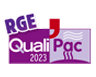 Certification RGE QualiPac 2023 : Qualité PAC Logo RGE QualiPac 2023, certification pour les professionnels des pompes à chaleur, avec des éléments graphiques violets et rouges.