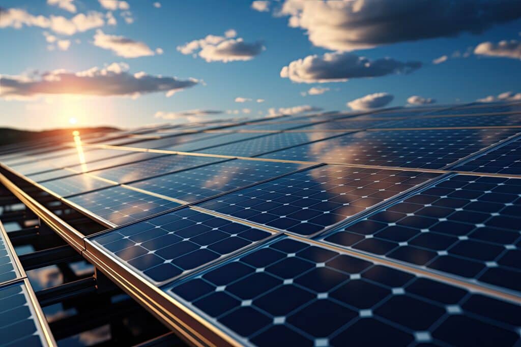 Panneaux solaires – L'énergie renouvelable sous le soleil couchant. Vaste rangée de panneaux solaires photovoltaïques reflétant un ciel bleu nuageux et les rayons éclatants du soleil couchant à l'horizon.